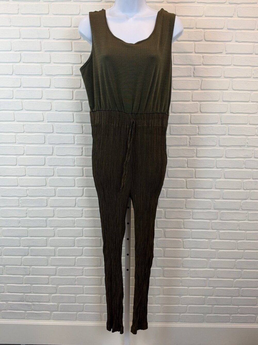 Vintage John Roberts Jumpsuit Crinkle Pleated Sleeveless Olive 14 Petite